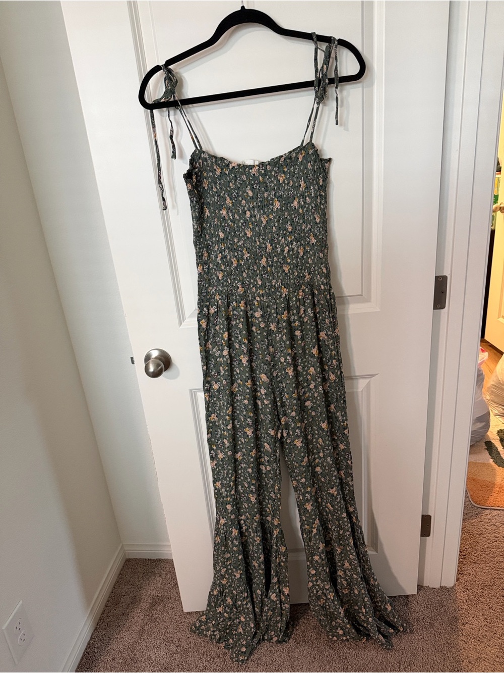Vici Olive Green Floral Tie-Strap Smocked Jumpsuit